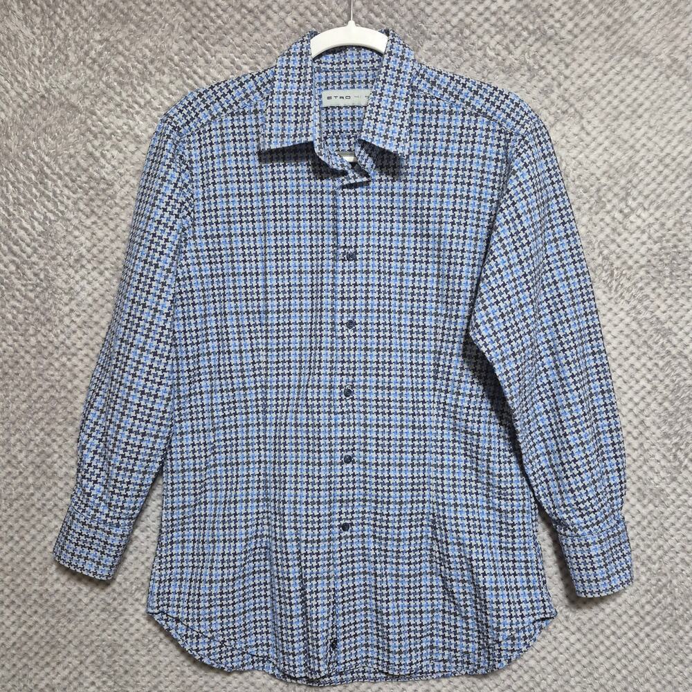 ETRO Italy Shirt Houndstooth Plaid 41 Blue Spread Collar L/S Button Up